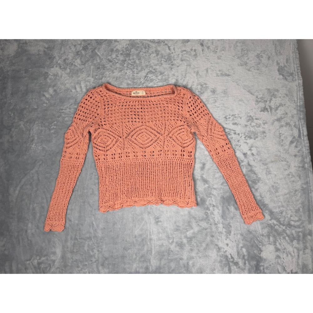 Hollister Women Coral Pink Crochet Knit Long Sleeve Sweater Boho Diamond Pattern